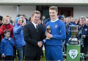 2 May 2016; Dylan Sheehan, Nenagh, is presented with the Man of the Match award by John Earley, Chairman of the FAI underage committee. FAI Umbro U17 Cup Final, Nenagh v Wilton United. Janesboro FC, Janesboro, Limerick. Picture credit: Diarmuid Greene / SPORTSFILE