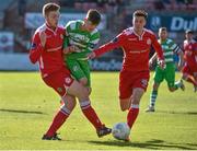2 May 2016; Trevor Clarke, Shamrock Rovers, in action against Conor Keeley, left, and Robert Duggan, Shelbourne. EA Sports Cup Quarter-Final, Shelbourne v Shamrock Rovers. Tolka Park, Dublin.  Photo by Sportsfile