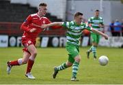 2 May 2016; Richard Purdy, Shamrock Rovers, in action against Robert O'Reilly, Shelbourne. EA Sports Cup Quarter-Final, Shelbourne v Shamrock Rovers. Tolka Park, Dublin.  Photo by Sportsfile