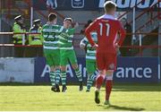 2 May 2016; Dean Clarke, Shamrock Rovers, celebrates after scoring his side's 1st goal with team-mate Sean Heaney, left. EA Sports Cup Quarter-Final, Shelbourne v Shamrock Rovers. Tolka Park, Dublin.  Photo by Sportsfile