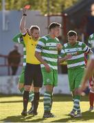 2 May 2016; robert Cornwall, Shamrock Rovers, is shown a red card by referee Ray Matthews. EA Sports Cup Quarter-Final, Shelbourne v Shamrock Rovers. Tolka Park, Dublin.  Photo by Sportsfile