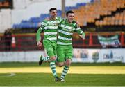 2 May 2016; David Webster, left, and Sean Heaney, Shamrock Rovers celebrate after winning the game after penalties. EA Sports Cup Quarter-Final, Shelbourne v Shamrock Rovers. Tolka Park, Dublin.  Photo by Sportsfile