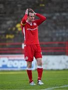 2 May 2016; Daire Doyle, Shelbourne, reacts after missing his penalty in the penalty shootout. EA Sports Cup Quarter-Final, Shelbourne v Shamrock Rovers. Tolka Park, Dublin.  Photo by Sportsfile