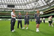 27 May 2010; Republic of Ireland players, from left to right, Stephen Kelly, Damien Duff, Robbie Keane and Glenn Whelan during the squad's first visit to the new Aviva Stadium. Aviva Stadium, Lansdowne Road, Dublin. Picture credit: David Maher / SPORTSFILE