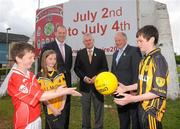 28 May 2010; Former Derry footballer Anthony Tohill, Uachtarán CLG Criostóir Ó Cuana, and Pat Quill, President, Cumann Peil Gael na mBan, along with Oran MacKane, Sean Dolans GFC, Derry City, Aoife McDaid,  Doire Colmcille GFC, and Gerard Storey, Ardmore GFC, at the launch of Féile Peil na nÓg, sponsored by Coca Cola. Free Derry Corner, Derry City. Picture credit: Oliver McVeigh / SPORTSFILE