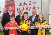 28 May 2010; Former Derry footballer Anthony Tohill, Uachtarán CLG Criostóir Ó Cuana, and Pat Quill, President, Cumann Peil Gael na mBan, along with Oran MacKane, Sean Dolans GFC, Derry City, Aoife McDaid,  Doire Colmcille GFC, and Gerard Storey, Ardmore GFC, at the launch of Féile Peil na nÓg, sponsored by Coca Cola. Free Derry Corner, Derry City. Picture credit: Oliver McVeigh / SPORTSFILE