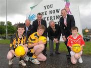 28 May 2010; Pat Quill, President, Cumann Peil Gael na mBan, Patsy Mullan, Chairman of the Derry Feile Committee, Uachtarán CLG Criostóir Ó Cuana, and former Derry footballer Anthony Tohill with Gerard Storey, Ardmore GFC, Matthew McDermott, Doire Colmcille, GFC and Oran MacKane, Sean Dolans GFC, Derry City, at the launch of Féile Peil na nÓg, sponsored by Coca Cola. Free Derry Corner, Derry City. Picture credit: Oliver McVeigh / SPORTSFILE