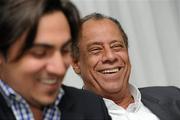 28 May 2010; Carlos Alberto Torres, captain of the 1970 Brazil World Cup winning team, was in Dublin to launch the Pele Goals for Life Cup competition on behalf of his great friend which will benefit the Little Prince Hospital in Curitiba, Brazil, and the New Children's Hospital of Ireland. The idea is to attract 100 teams from across Ireland to enter a National 5 a side competition and in the process raise funding to benefit both hospitals. The competition’s winning team will travel on a trip of a lifetime to the cradle of football, Brazil, to be guests of the legendary Pele at a Santos game at the famous Vila Belmiro Stadium. The winners will also visit the Little Prince Hospital and also have the opportunity to play a 5 a side game in Santos and Rio de Janeiro. Pictured at the launch is Carlos Alberto Torres with his grandson Diego Torres. D4 Berkeley Hotel, Ballsbridge, Dublin. Picture credit: Brian Lawless / SPORTSFILE