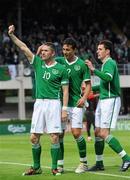 28 May 2010; Republic of Ireland captain Robbie Keane celebrates with team-mates Stephen Kelly and Greg Cunningham, right, after scoring his side's second goal. Friendly International, Republic of Ireland v Algeria, RDS, Ballsbridge, Dublin. Picture credit: Brian Lawless / SPORTSFILE
