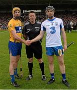 1 May 2016; Referee Brian Gavin with team captains Cian Dillon, Clare, left, and Kevin Moran, Waterford. Allianz Hurling League Division 1 Final, Clare v Waterford. Semple Stadium, Thurles, Co. Tipperary. Picture credit: Piaras Ó Mídheach / SPORTSFILE