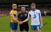 1 May 2016; Referee Brian Gavin with team captains Cian Dillon, Clare, left, and Kevin Moran, Waterford. Allianz Hurling League Division 1 Final, Clare v Waterford. Semple Stadium, Thurles, Co. Tipperary. Picture credit: Piaras Ó Mídheach / SPORTSFILE