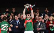 30 April 2016; Mayo's Conor Loftus celebrates with the cup after the game. EirGrid GAA Football Under 21 All-Ireland Championship Final, Cork v Mayo. Cusack Park, Ennis, Co. Clare. Picture credit: Piaras Ó Mídheach / SPORTSFILE