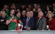 30 April 2016; Mayo captain Stephen Coen makes his acceptance speech after the game. EirGrid GAA Football Under 21 All-Ireland Championship Final, Cork v Mayo. Cusack Park, Ennis, Co. Clare. Picture credit: Piaras Ó Mídheach / SPORTSFILE