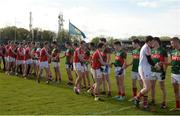 30 April 2016; The Cork and Mayo teams during the respect handshake before the game. EirGrid GAA Football Under 21 All-Ireland Championship Final, Cork v Mayo. Cusack Park, Ennis, Co. Clare. Picture credit: Piaras Ó Mídheach / SPORTSFILE