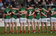 30 April 2016; Mayo players stand for the National Anthem before the game. EirGrid GAA Football Under 21 All-Ireland Championship Final, Cork v Mayo. Cusack Park, Ennis, Co. Clare. Picture credit: Piaras Ó Mídheach / SPORTSFILE