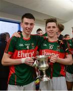 30 April 2016; Mayo players David Kenny, left, and Fergal Boland celebrate with the cup after the game. EirGrid GAA Football Under 21 All-Ireland Championship Final, Cork v Mayo. Cusack Park, Ennis, Co. Clare. Picture credit: Piaras Ó Mídheach / SPORTSFILE