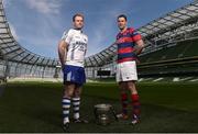 4 May 2016; Cork Constitution captain James Ryan, left, and Clontarf captain Ben Reilly in attendance at an Ulster Bank League Division 1A Final press conference. Aviva Stadium, Lansdowne Road, Dublin. Picture credit: David Maher / SPORTSFILE