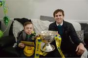 4 May 2016; Aviva's FAI Junior Cup ambassador Kevin Kilbane surprises Pike Rovers super fan Luke Grimes with VIP tickets for the FAI Junior Cup Final at the Aviva Stadium on 14th May. Luke, who is confined to a wheelchair due to illness, is Pike’s biggest supporter and is a mainstay around the clubhouse. He has even had an honourary managerial role at the club. Kilbane surprised Luke as part of Aviva’s Community Day in which he visited the communities of both finalists ahead of the game next weekend #RoadToAviva. Picture credit: Piaras Ó Mídheach / SPORTSFILE