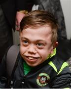 4 May 2016; Pike Rovers super fan Luke Grimes who was surprised by Aviva's FAI Junior Cup ambassador Kevin Kilbane wiith VIP tickets for the FAI Junior Cup Final at the Aviva Stadium on 14th May. Luke, who is confined to a wheelchair due to illness, is Pike’s biggest supporter and is a mainstay around the clubhouse.  He has even had an honourary managerial role at the club. Kilbane surprised Luke as part of Aviva’s Community Day in which he visited the communities of both finalists ahead of the game next weekend #RoadToAviva Picture credit: Piaras Ó Mídheach / SPORTSFILE