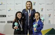 4 May 2016; Medallists in the Women's 100m Breaststroke SB6, from left, Ireland's Nicole Turner, Portarlington, Co. Laois, silver medal, Britain's Charlotte Henshaw, gold medal, and Ukraine's Nina Kolzlova, bronze medal. IPC European Open Swim Championships. Funchal, Portugal. Picture credit: Carlos Rodrigues / SPORTSFILE