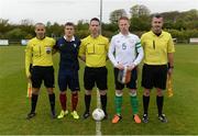 4 May 2016; France captain Thomas Jougounoux and Republic of Ireland captain Christopher Kenny along with referee Eoghan O'Shea and his linesmen Alan Sherlock, left, and Bougaada Faissel. Defence Forces European Championships Qualifier, Republic of Ireland v France. Mervue Park, Galway. Picture credit: Diarmuid Greene / SPORTSFILE