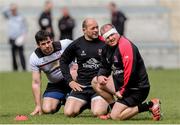 4 May 2016; Ulster players, from left, Ricky Lutton, Rory Best and Callum Black during squad training. Kingspan Stadium, Ravenhill Park, Belfast. Picture credit: John Dickson / SPORTSFILE