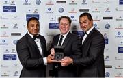 4 May 2016; Connacht head coach Pat Lam, right, and Connacht's Bundee Aki are presented with the Powerscourt Hotel Resort & Spa Moment of the Year award bt David Webster, General Manager of Powerscourt Hotel Resort & Spa, at the Zurich IRUPA Rugby Player Awards 2016. Hilton by Double Tree, Dublin. Picture credit: Matt Browne / SPORTSFILE