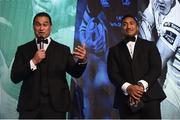 4 May 2016; In attendance at the Zurich IRUPA Rugby Player Awards is Connacht's Bundee Aki, right, and head coach Pat Lam after winning the Powerscourt Hotel Resort & Spa Moment of the Year award. Hilton by Double Tree, Ballsbridge, Dublin. Picture credit: Ramsey Cardy / SPORTSFILE