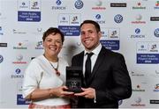 4 May 2016; Leinster's Isaac Boss is presented with the Vodafone Medal of Excellence award by Paula Murphy, Vodafone, at the Zurich IRUPA Rugby Player Awards 2016. Hilton by Double Tree, Dublin. Picture credit: Matt Browne / SPORTSFILE