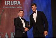 4 May 2016; Andrew Trimble accepts the Volkswagen Try of the Year award on behalf of Jamie Heaslip, presented by Jason Mallon, Volkswagen. Hilton by Double Tree, Ballsbridge, Dublin. Picture credit: Ramsey Cardy / SPORTSFILE