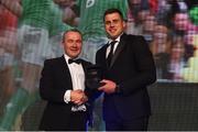 4 May 2016; Munster and Ireland's CJ Stander is presented with the Zurich IRUPA Players' Player of the Year 2016 award by Conor Brennan, Zurich. Hilton by Double Tree, Ballsbridge, Dublin. Picture credit: Ramsey Cardy / SPORTSFILE