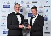 4 May 2016; Alan Flanagan presents Ronan O'Gara, with the BNY Mellon IRUPA Hall of Fame 2016 Award at the Zurich IRUPA Rugby Player Awards 2016. Hilton by Double Tree, Dublin. Picture credit: Matt Browne / SPORTSFILE