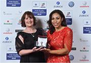 4 May 2016; Sene Naoupu is presented with the BNY Mellon Women's 15's Player of the Year Award by Janet Wright, BNY, at the Zurich IRUPA Rugby Player Awards 2016. Hilton by Double Tree, Dublin. Picture credit: Matt Browne / SPORTSFILE