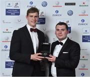 4 May 2016; Andrew Trimble accepts the Volkswagen Try of the Year award, on behalf of Jamie Heaslip, from Jason Mallon, Volkswagen, at the Zurich IRUPA Rugby Player Awards 2016. Hilton by Double Tree, Dublin. Picture credit: Matt Browne / SPORTSFILE