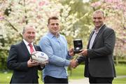 4 May 2016; The Zurich IRUPA Players' Player of the Year, Munster and Ireland's CJ Stander, Conor Brennan, left, Zurich, and Omar Hassanein, CEO, IRUPA. Herbert Park, Dublin. Picture credit: Ramsey Cardy / SPORTSFILE