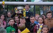 4 May 2016; Aviva's FAI Junior Cup Ambassador, Kevin Kilbane, with Sheriff YC supporters during AVIVA's Junior Cup Community Day in Sheriff YC clubhouse ahead of the FAI Junior Cup Final on the 14th May at Aviva Stadium. Aviva's FAI Junior Cup Ambassador, Kevin Kilbane, was joined by Irish band Na Fianna as he visited the communities of both Finalists, Pike Rovers in Limerick and Sheriff YC in north inner city Dublin today #RoadToAviva  Picture credit: Piaras Ó Mídheach / SPORTSFILE