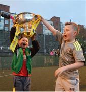 4 May 2016; Sheriff YC supporters Synnott Lawlor, left, and Brandan Mangan, both aged 10, during AVIVA's Junior Cup Community Day in Sheriff YC clubhouse ahead of the FAI Junior Cup Final on the 14th May at Aviva Stadium. Aviva's FAI Junior Cup Ambassador, Kevin Kilbane, was joined by Irish band Na Fianna as he visited the communities of both Finalists, Pike Rovers in Limerick and Sheriff YC in north inner city Dublin today #RoadToAviva  Picture credit: Piaras Ó Mídheach / SPORTSFILE