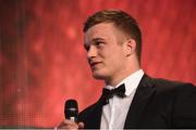 4 May 2016; Josh van der Flier is interviewed after winning the Nevin Spence Young Player of the Year award at the Zurich IRUPA Rugby Player Awards. Hilton by Double Tree, Ballsbridge, Dublin. Picture credit: Ramsey Cardy / SPORTSFILE