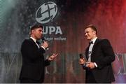 4 May 2016; Josh van der Flier is interviewed by Liam Toland after winning the Nevin Spence Young Player of the Year award at the Zurich IRUPA Rugby Player Awards. Hilton by Double Tree, Ballsbridge, Dublin. Picture credit: Ramsey Cardy / SPORTSFILE