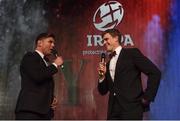 4 May 2016; Andrew Trimble is interviewed by Liam Toland at the Zurich IRUPA Rugby Player Awards. Hilton by Double Tree, Ballsbridge, Dublin. Picture credit: Ramsey Cardy / SPORTSFILE
