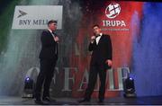 4 May 2016; Ronan O'Gara is interviewed by Liam Toland after winning the BNY Mellon IRUPA Hall of Fame award at the Zurich IRUPA Rugby Player Awards. Hilton by Double Tree, Ballsbridge, Dublin. Picture credit: Ramsey Cardy / SPORTSFILE