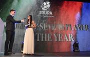 4 May 2016; Amee-Leigh Murphy Crowe is interviewed by Liam Toland after winning the Women's Sevens Player of the Year at the Zurich IRUPA Rugby Player Awards. Hilton by Double Tree, Ballsbridge, Dublin. Picture credit: Ramsey Cardy / SPORTSFILE