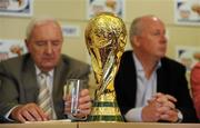 1 June 2010; The FIFA World Cup trophy stands in front of anchor Bill O'Herlihy and panellist Liam Brady at the launch of RTÉ Sport’s 2010 FIFA World Cup Coverage. RTÉ, Donnybrook, Dublin. Picture credit: Barry Cregg / SPORTSFILE