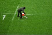 7 May 2016; A general view of a groundsman painting the pitch before the game. Guinness PRO12, Round 22, Munster v Scarlets. Thomond Park, Limerick. Picture credit: Eóin Noonan / SPORTSFILE