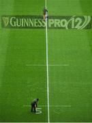 7 May 2016; A general view of groundsmen painting the pitch before the game. Guinness PRO12, Round 22, Munster v Scarlets. Thomond Park, Limerick. Picture credit: Eóin Noonan / SPORTSFILE