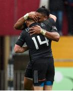 7 May 2016; Francis Saili, Munster, celebrates with team-mate Andrew Conway after scoring his side's first try. Guinness PRO12, Round 22, Munster v Scarlets. Thomond Park, Limerick. Picture credit: Diarmuid Greene / SPORTSFILE