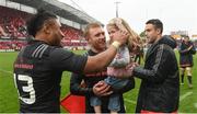 7 May 2016; Munster's Keith Earls, along with his daughter Ella May, aged 4, and Francis Saili, left, and Conor Murray after the game. Guinness PRO12, Round 22, Munster v Scarlets. Thomond Park, Limerick. Picture credit: Diarmuid Greene / SPORTSFILE