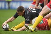 7 May 2016; Rory Scannell, Munster, scores his side's fifth try despite the efforts of Morgan Allen, Scarlets. Guinness PRO12, Round 22, Munster v Scarlets. Thomond Park, Limerick. Picture credit: Diarmuid Greene / SPORTSFILE