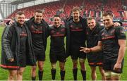 7 May 2016; Munster players, from left to right, Dave Kilcoyne, Conor Murray, Ronan O'Mahony, Dave Foley, Andrew Conway, and CJ Stander celebrate after victory over Scarlets. Guinness PRO12, Round 22, Munster v Scarlets. Thomond Park, Limerick. Picture credit: Diarmuid Greene / SPORTSFILE