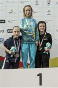 7 May 2016; Nicole Turner, right, Portarlington, Co. Laois, with her bronze medal after finishing third in the Women's 50m butterfly S6 final, with a time of 38.17, pictured with first place Oksana Khrul, centre, Ukraine and second place Eleanor Robinson, left, Great Britain . IPC European Open Swim Championships. Funchal, Portugal. Picture credit: Carlos Rodrigues / SPORTSFILE